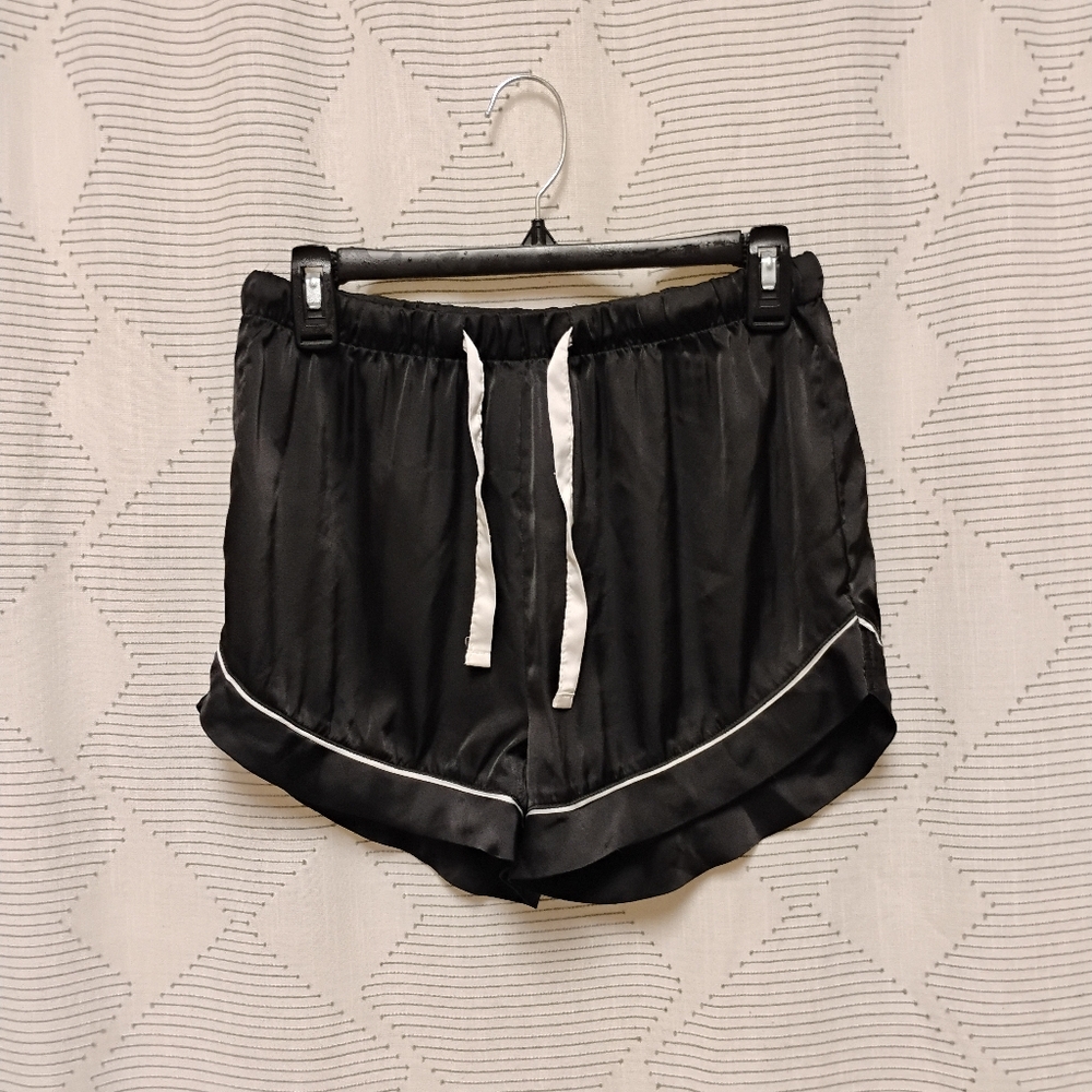 Serra Silky Black Satin Women's Sleep Shorts Pajama Bottoms White Trim Small